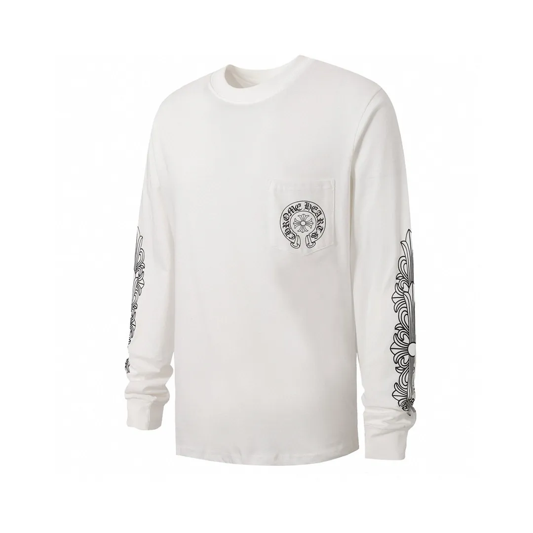 P150 -Chrome Hearts/Chrome Hearts 23ss scroll horseshoe Sanskrit printed popular long-sleeved T-shirt -High weight, high density and high quality. The wool is soft, delicate and skin-friendly. Soft and silky to the touch. Excellent warmth and skin-friendly properties. -Customized weaving and dyeing, no color difference, no matter the fabric or workmanship details. Compare the ordinary version on the market. -Colour: black, white, gray. -Size: S M L XL